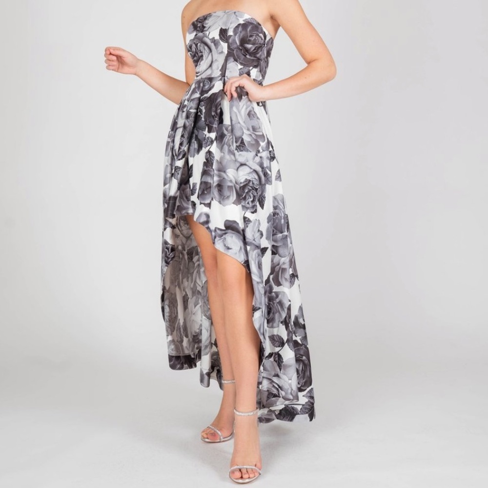 Speechless Blck+Wht Floral High-Low SatinBall Gown